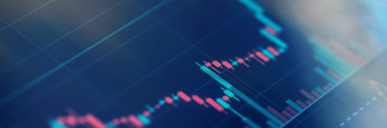 An image of a financial chart displaying red and blue candlestick patterns.