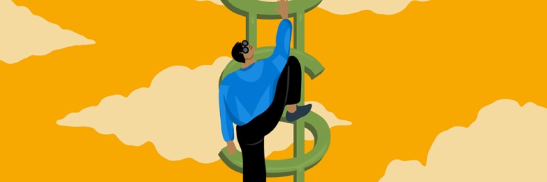 An illustration of a person climbing a large green dollar sign against an orange sky with clouds.